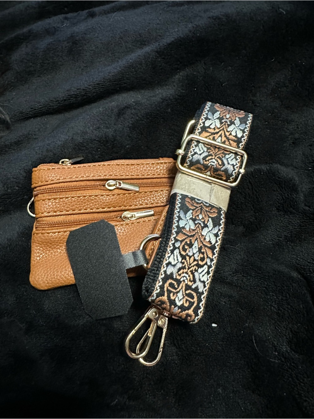 Adjustable Woven Floral Strap with Tan Zip Pouch
